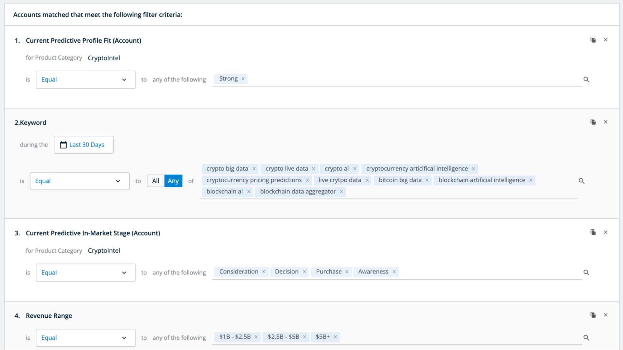 Example search options available in 6sense showing Keyword, In-Market Stage, and Revenue Stage