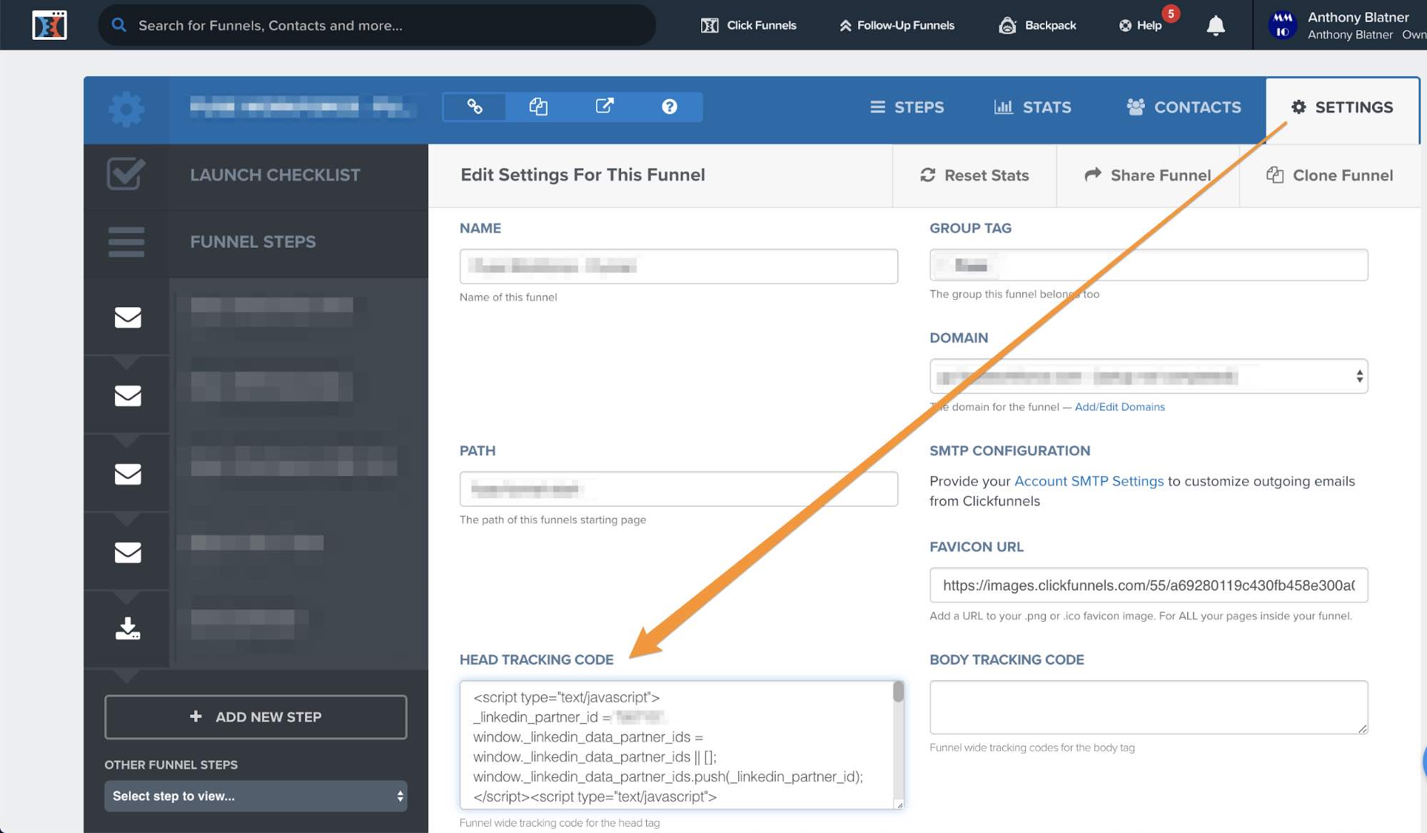 clickfunnels settings head tracking code opt