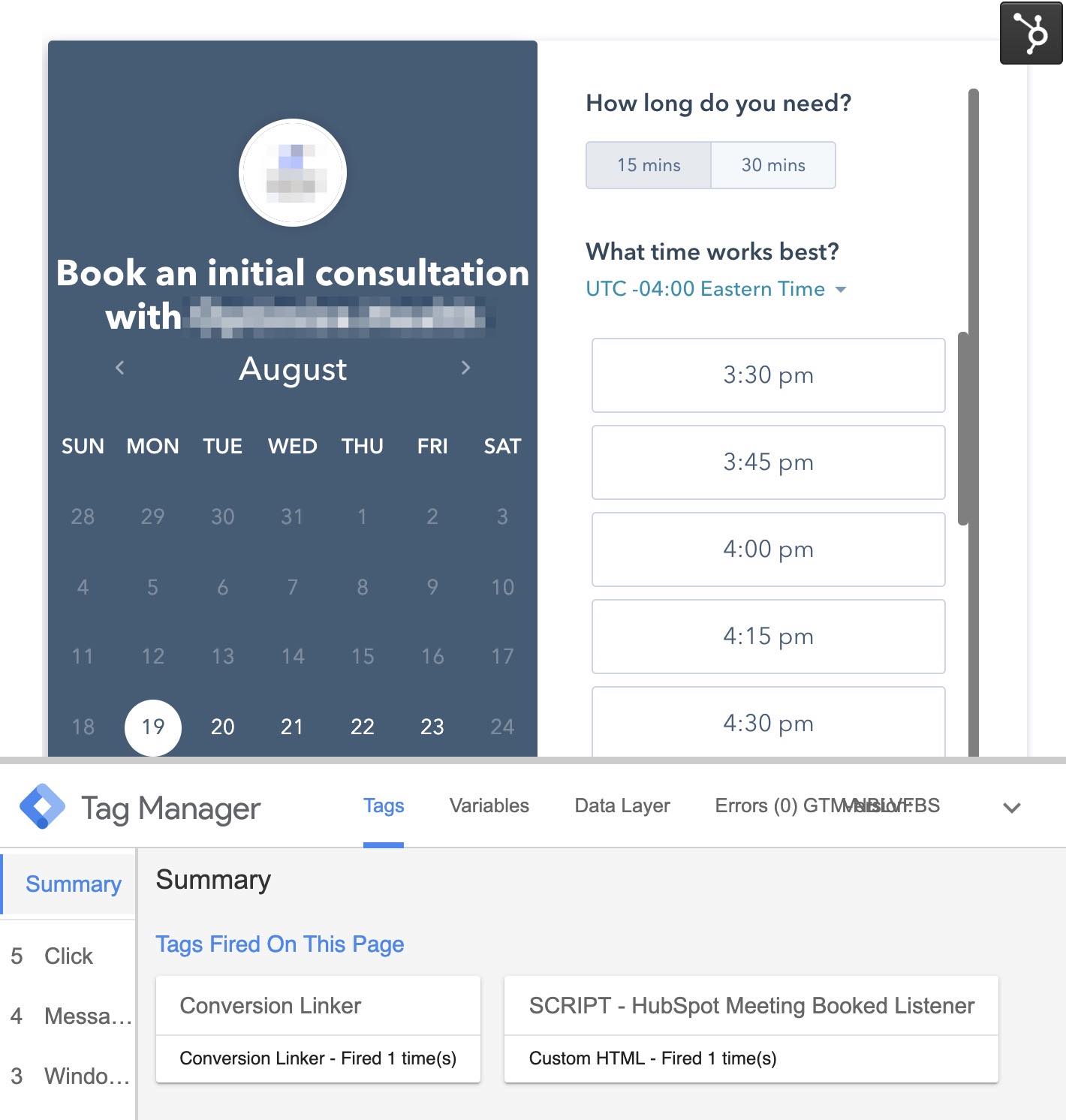 gtm preview pane with hubspot meetings calendar