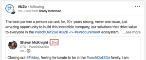 LinkedIn screenshot showing the hashtag #b2b and a 2nd degree connection's post. Red square around "2nd"