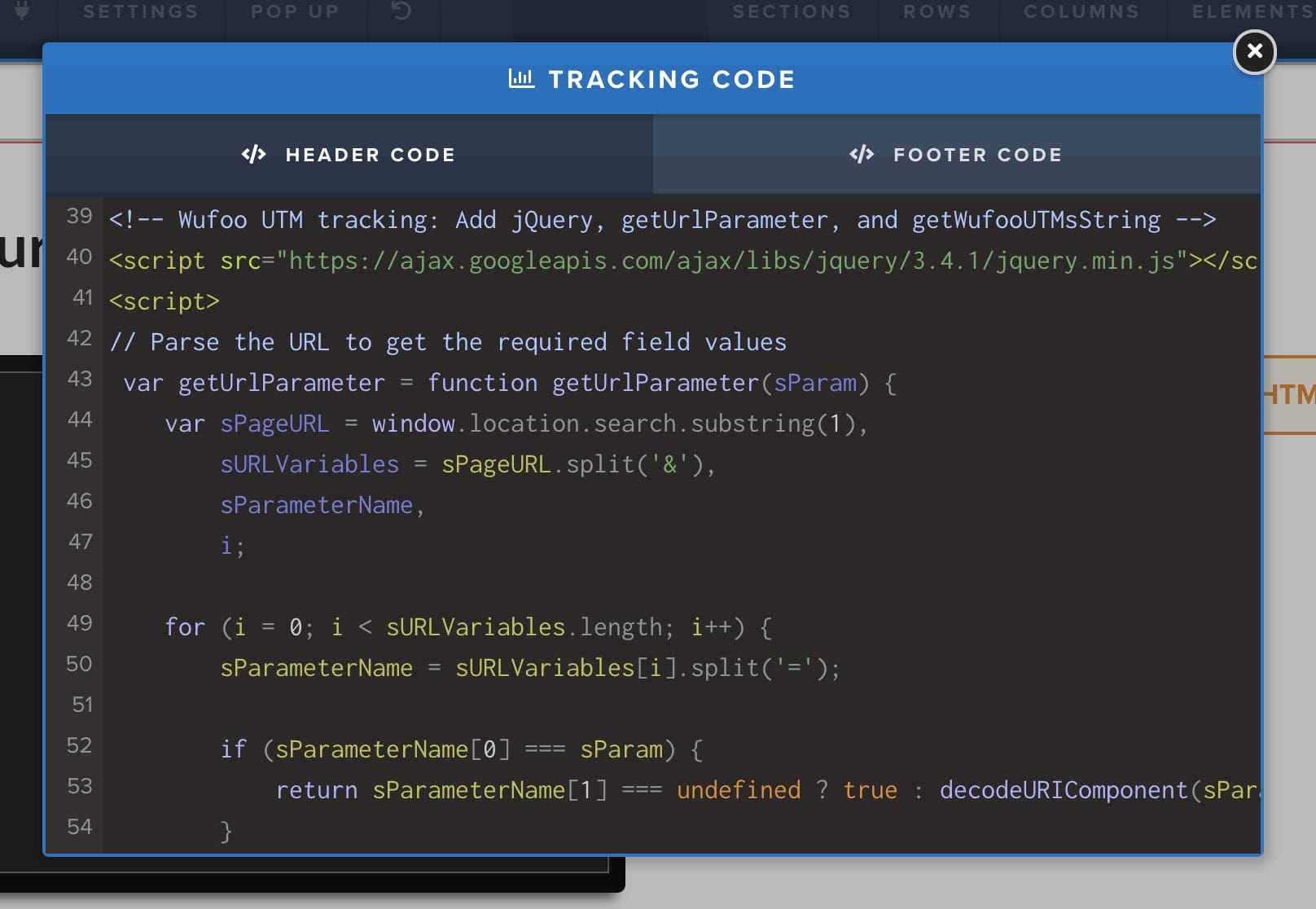 header tracking code getUrlParameter