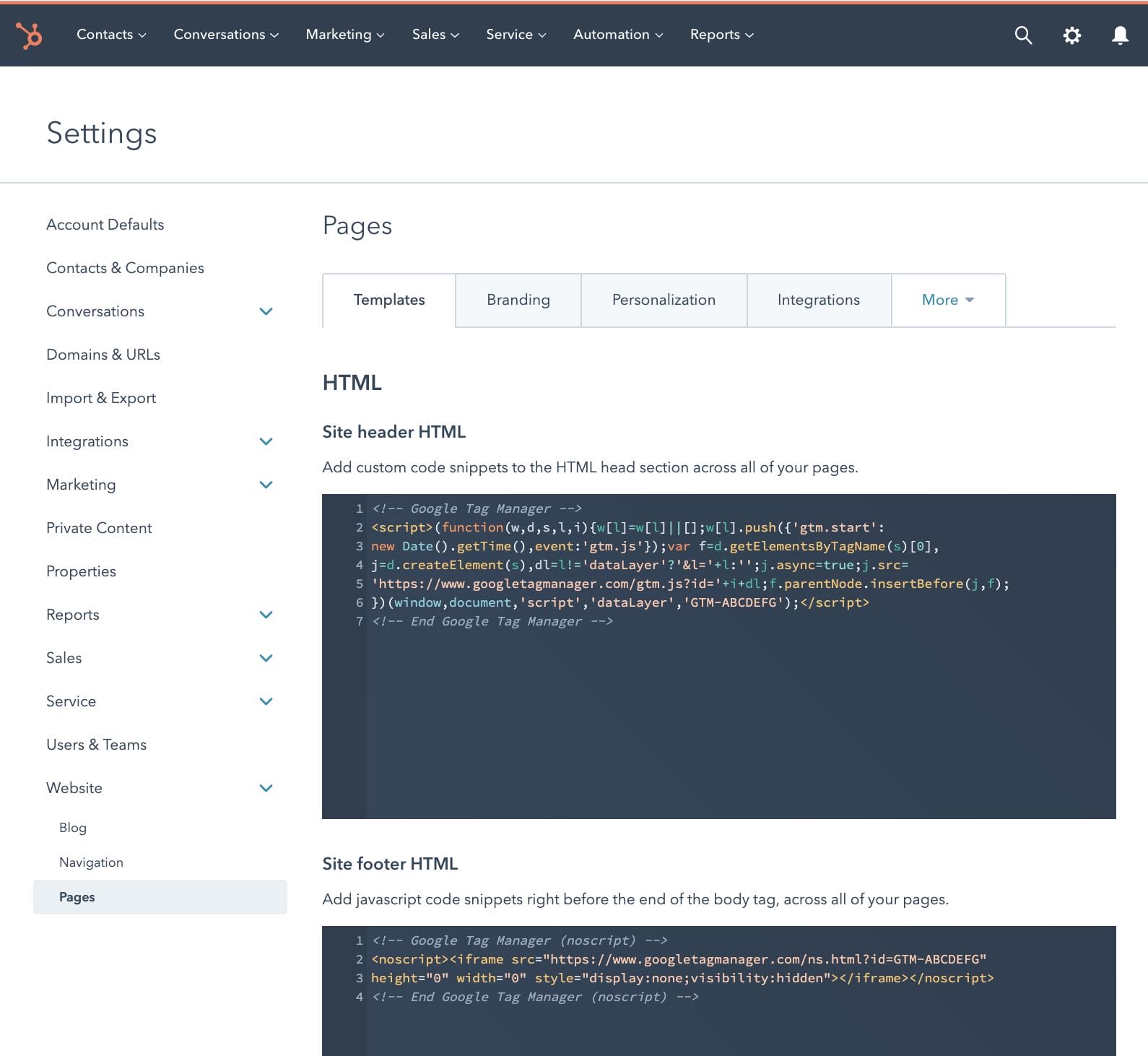 inserting google tag manager code in hubspot settings page