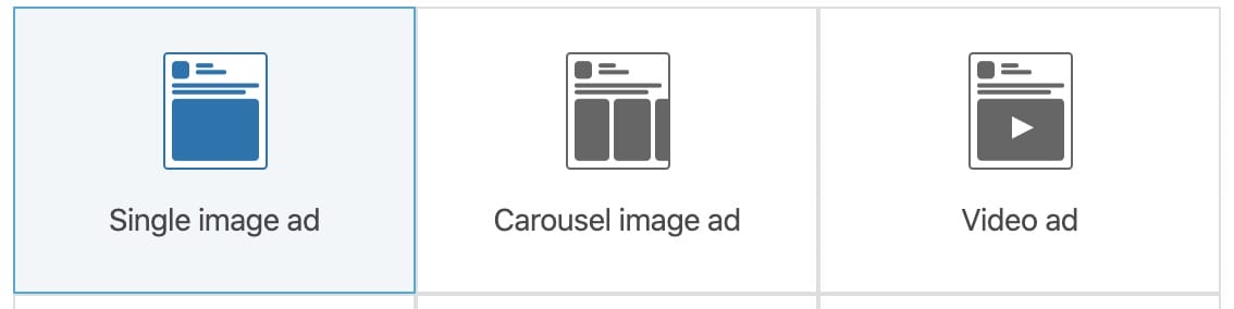 options for single image ad, carousel ad, video ad