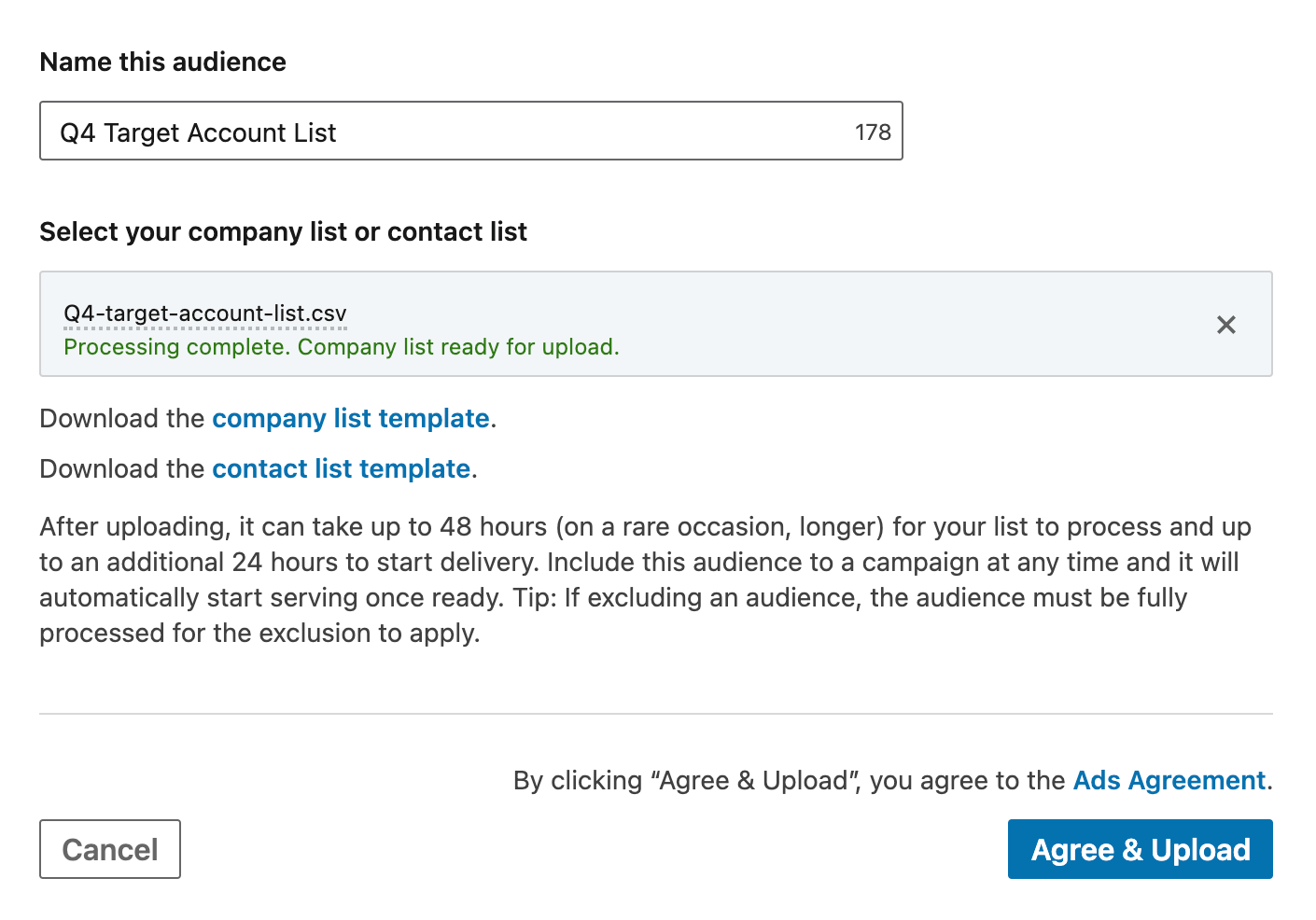 LInkedIn Ads screen uploading a company list