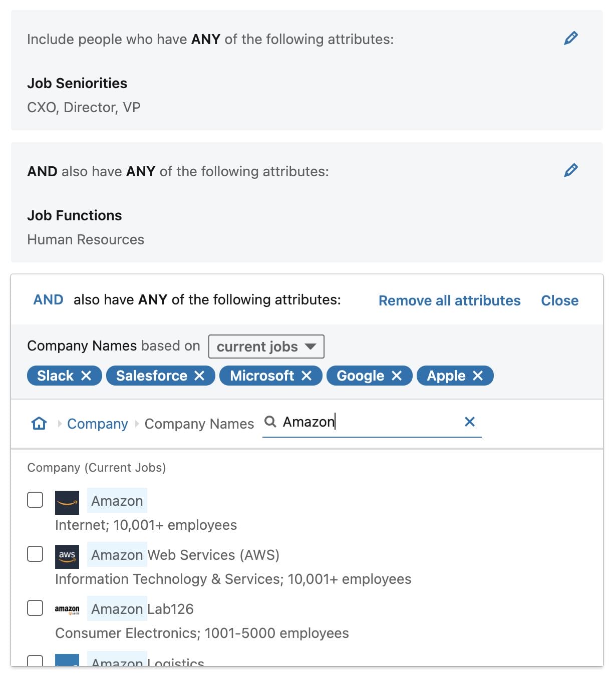 LinkedIn Ads audience targeting input selecting company names for Slack, Salesforce, Microsoft, Google, Apple, and Amazon