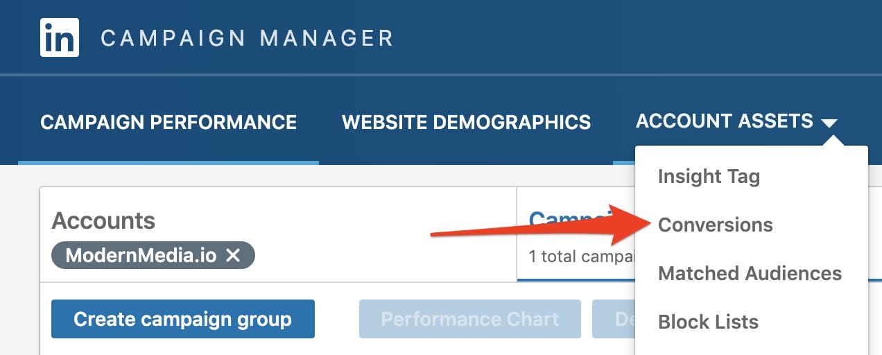 linkedin conversions in menu
