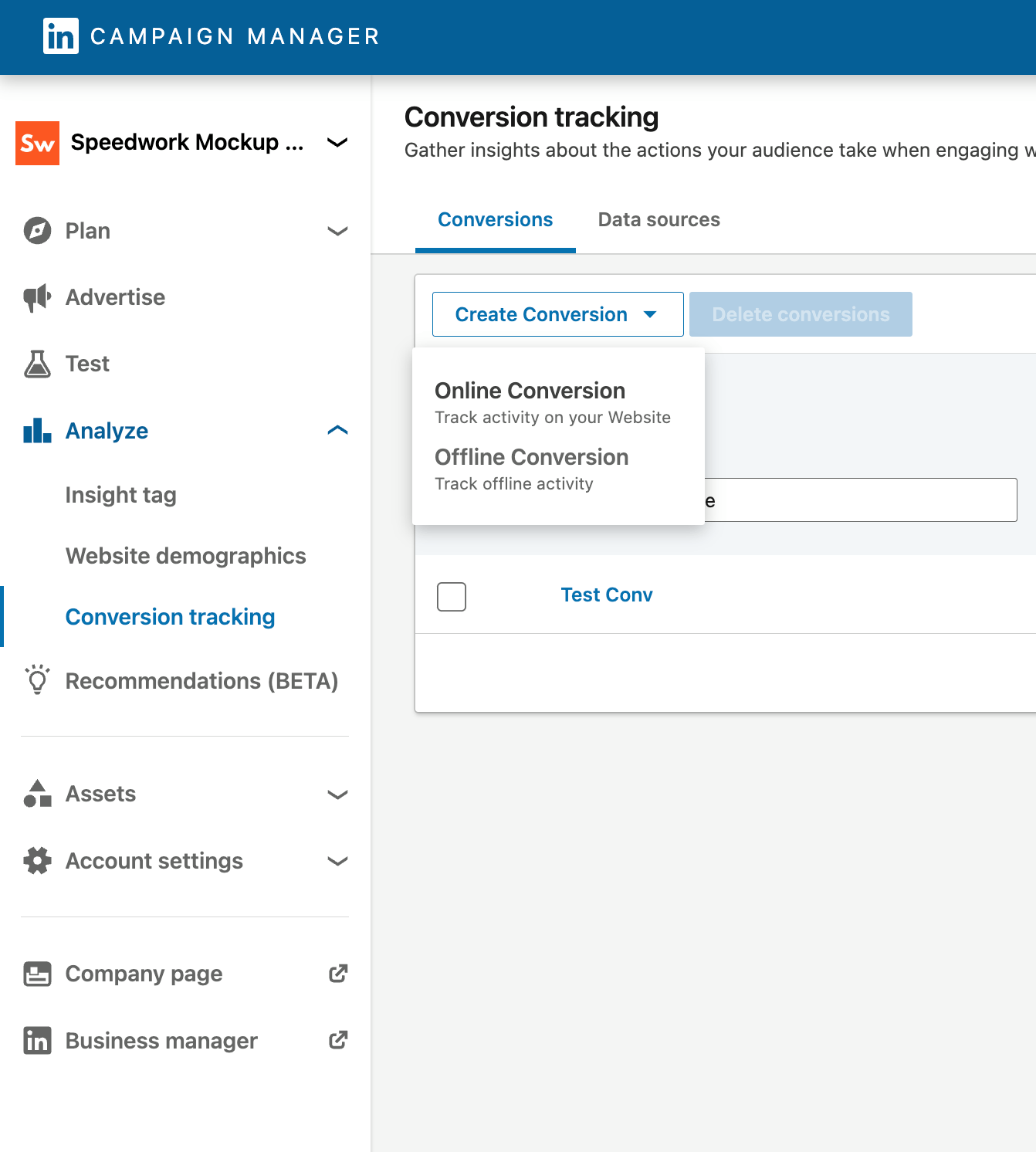 linkedin conversion tracking events page