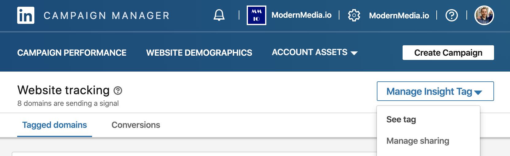 linkedin manage insight tag see tag opt