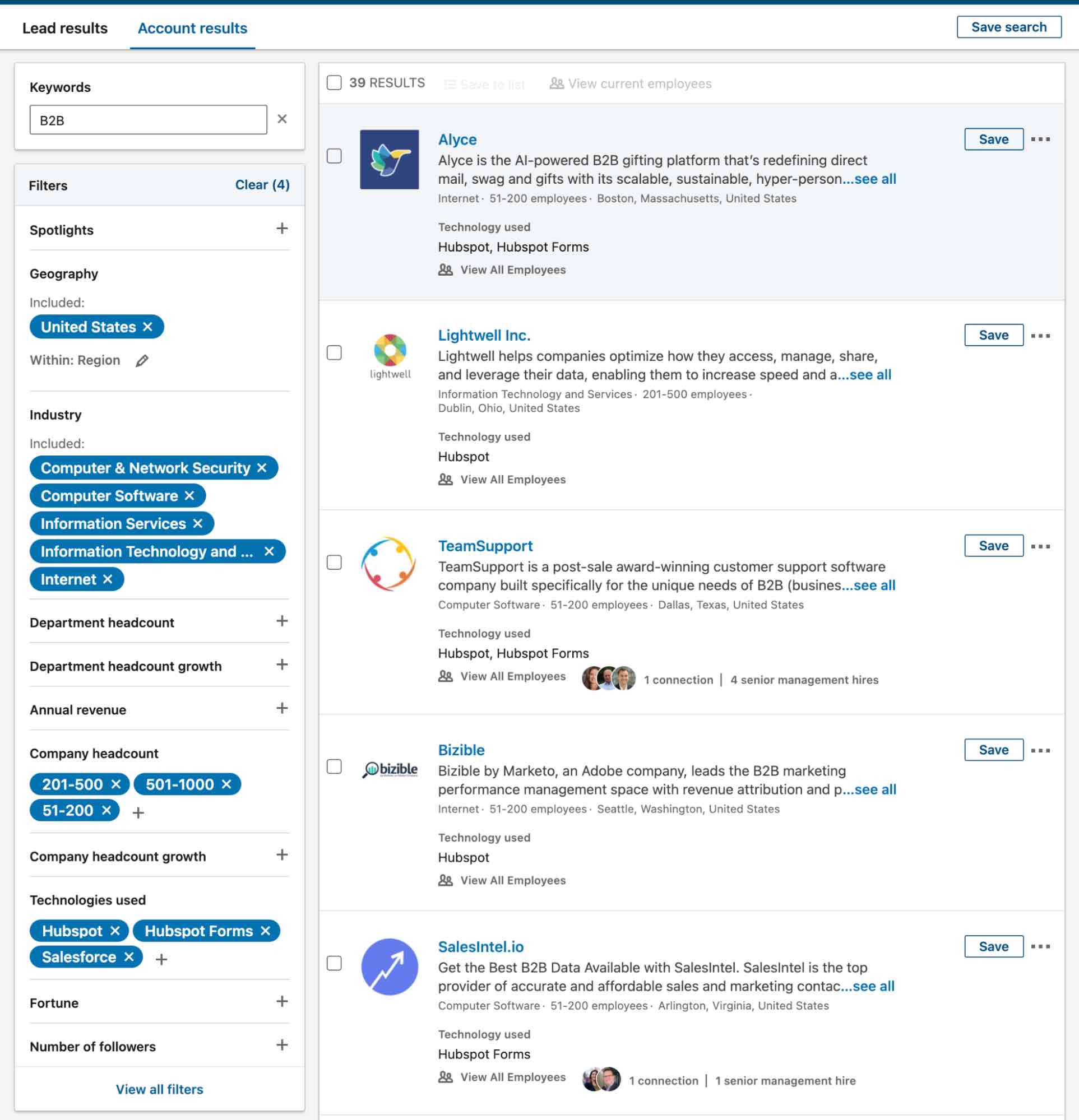 LinkedIn Sales Navigator screen showing account list search results for Software, Tech companies using HubSpot or Salesforce technologies